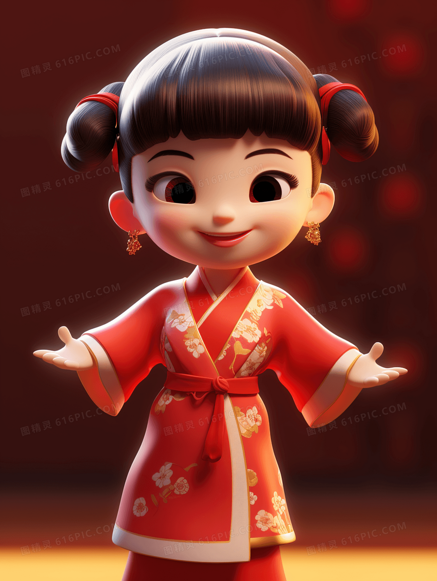 红色穿着中国传统服饰的孩子插画