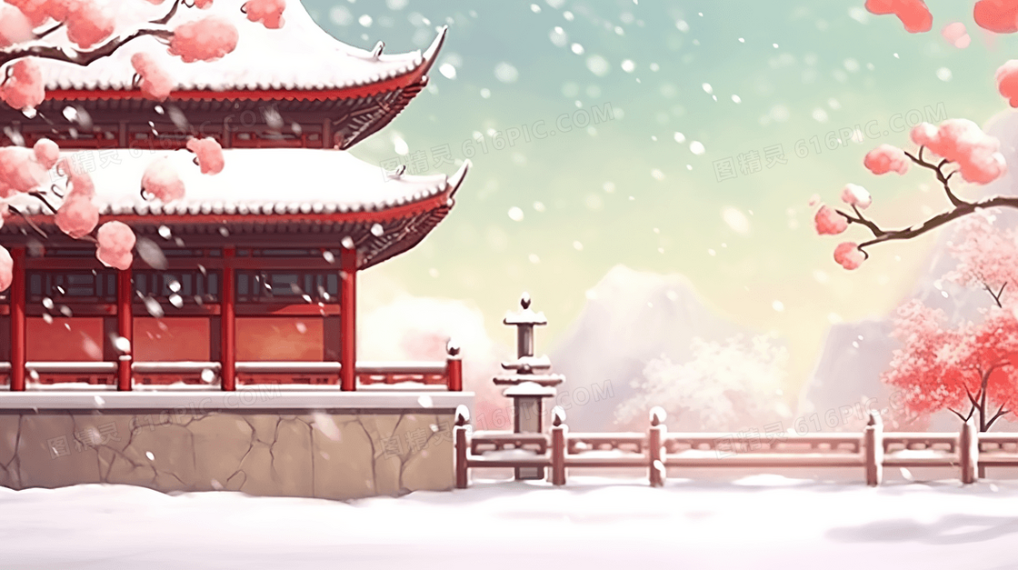 冬季古典建筑雪景梅花插画