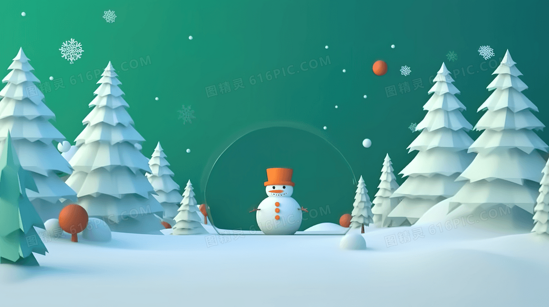绿色3D立体松树雪人雪景插画