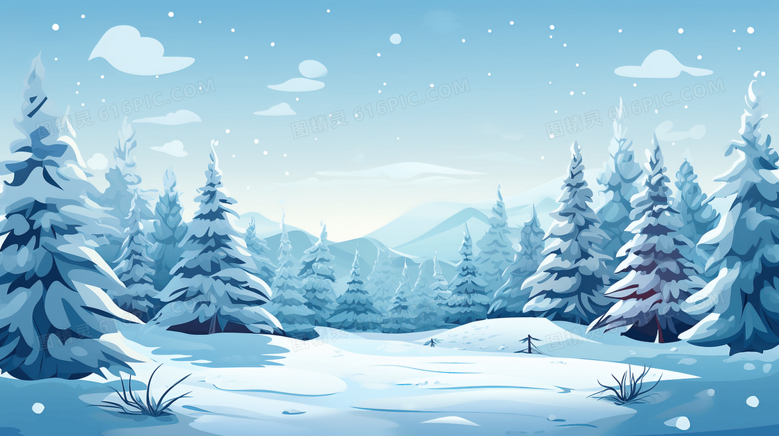 冬季松树雪景插画