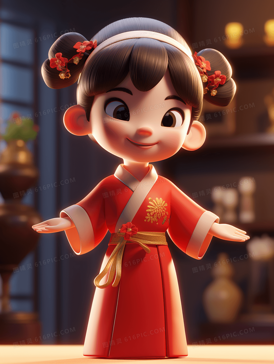 红色穿着中国传统服饰的孩子插画