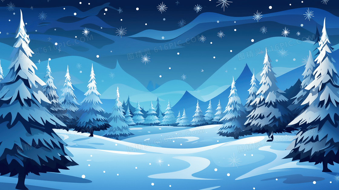 冬季松树雪景插画