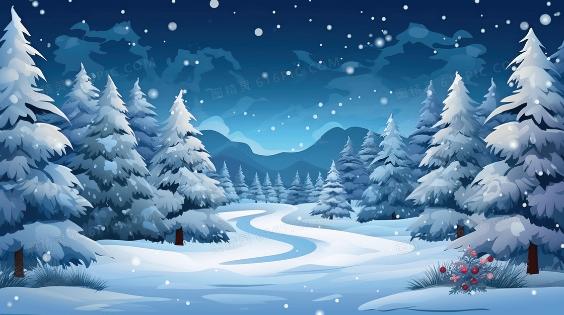 冬季松树雪景插画
