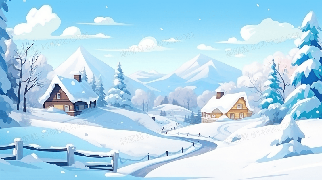冬季雪景建筑房屋插画