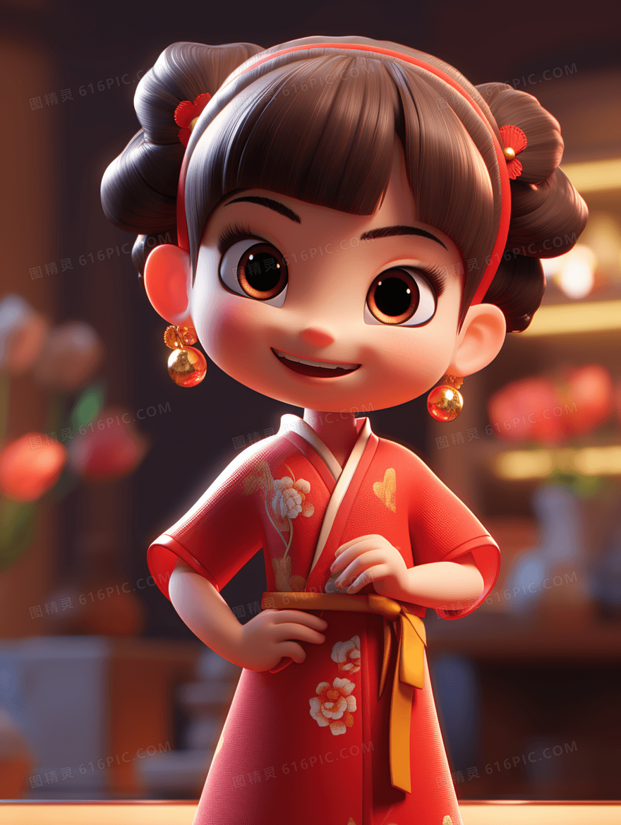 红色穿着中国传统服饰的孩子插画