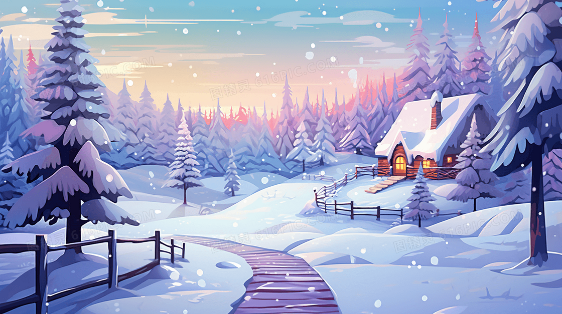 冬季雪景松树风景插画