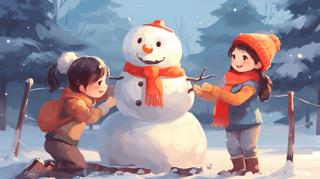 冬季堆雪人的孩子插画