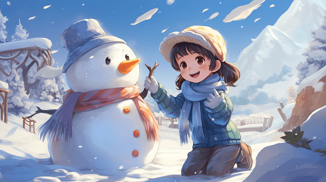 冬季堆雪人的孩子插画