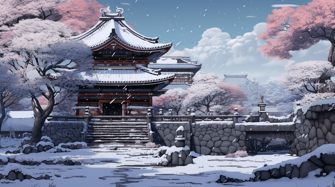 冬季古典建筑雪景插画