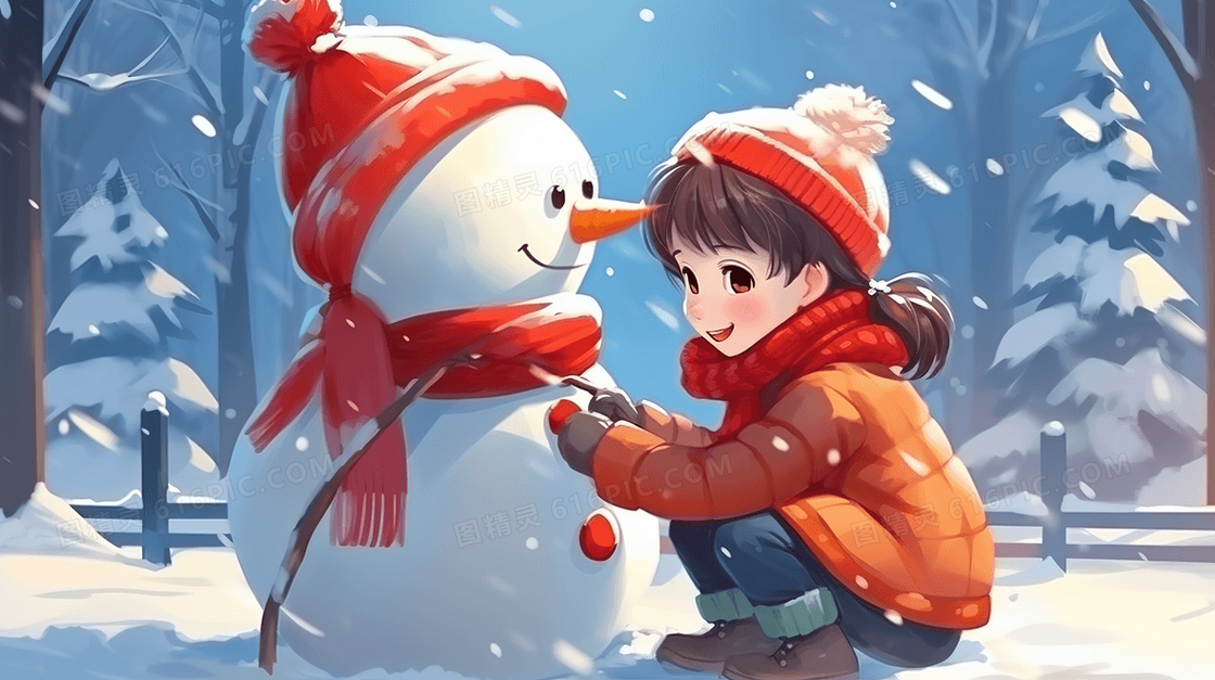 冬季堆雪人的孩子插画