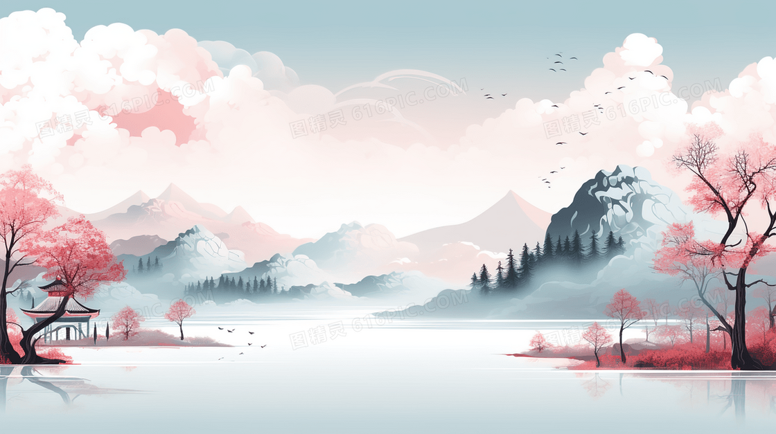 中国风古典山水风景插画