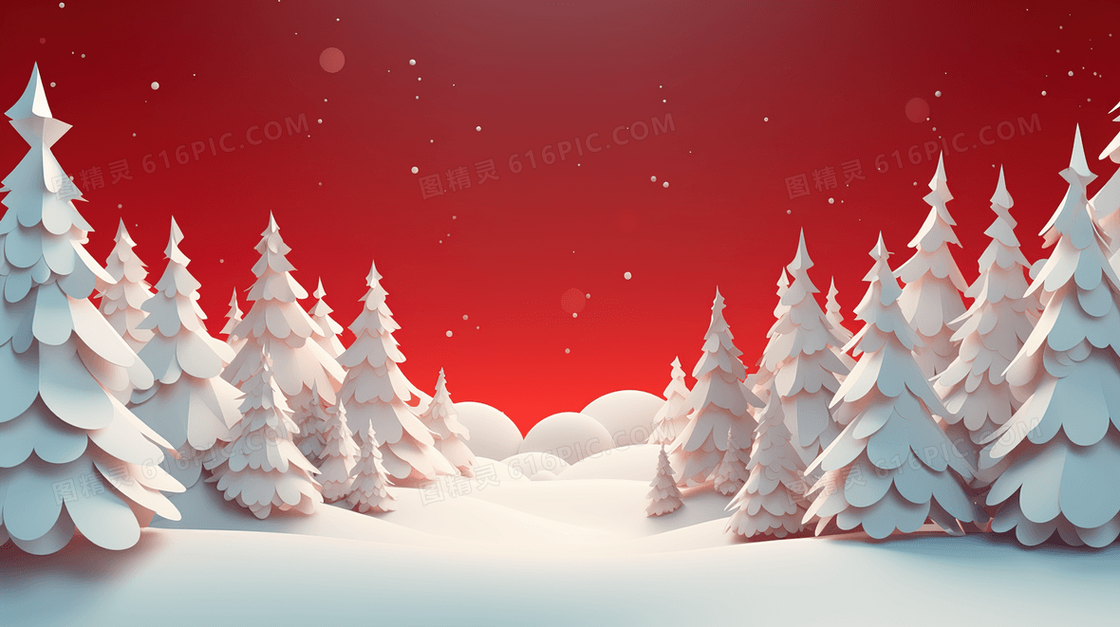 3D立体冬季雪景松树插画