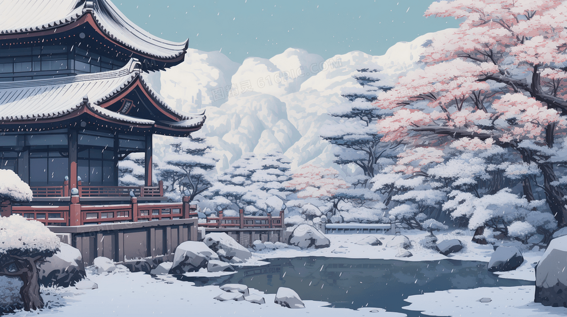 冬季古典建筑雪景插画