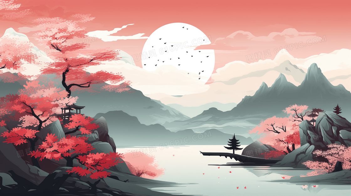 中国风古典山水风景插画