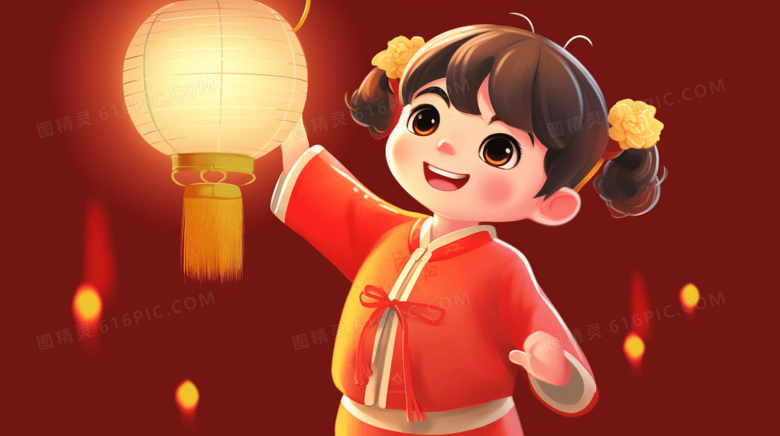 喜庆春节拿灯笼的孩子插画