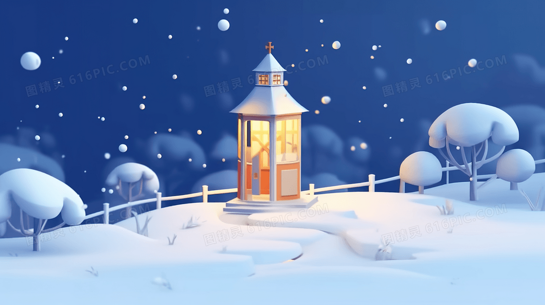 冬季雪地里的灯光插画