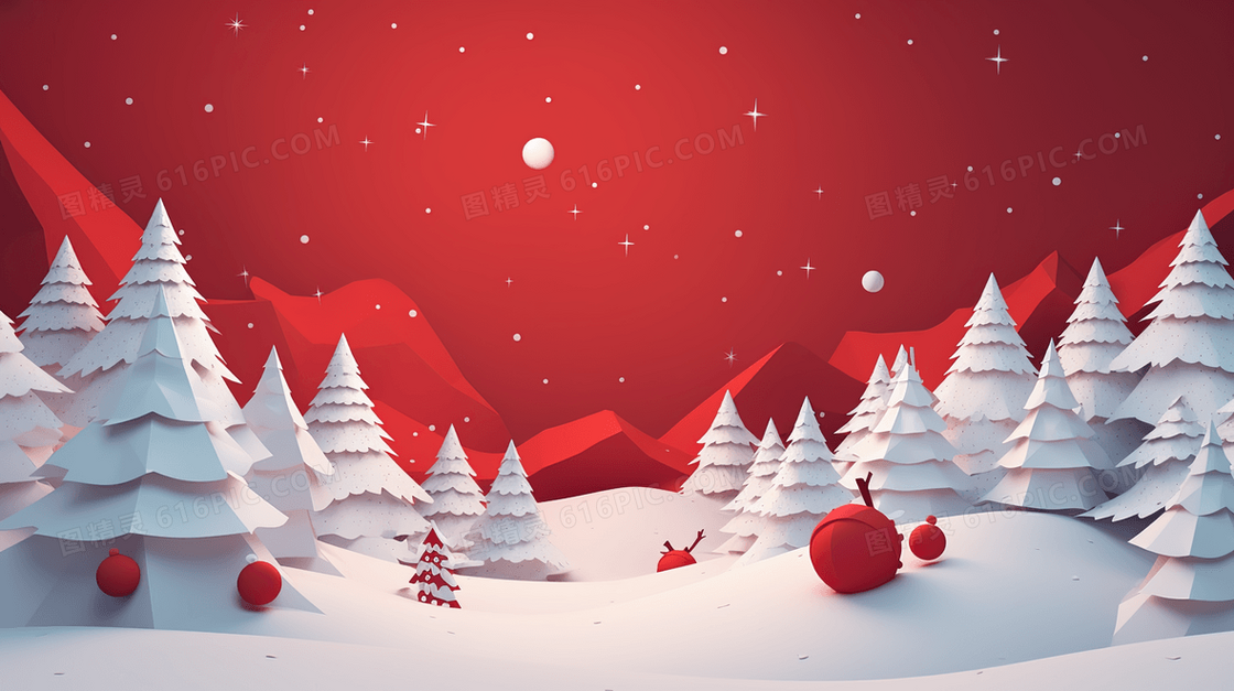 3D立体冬季雪景松树插画