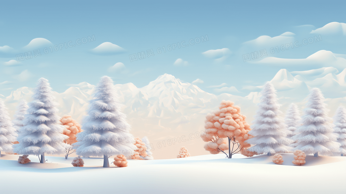 冬季3D立体松树风景插画