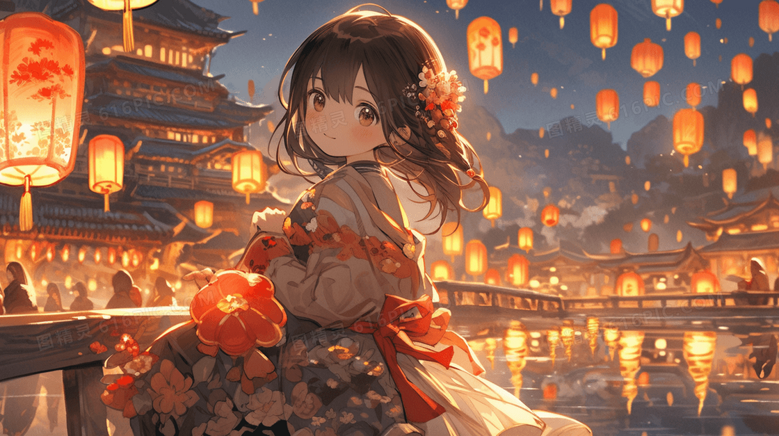 春节庆典观赏灯笼的女孩插画
