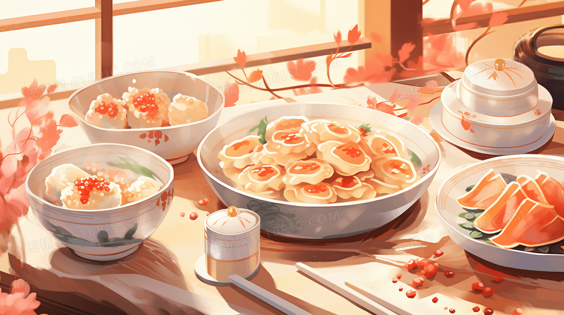 一桌丰盛的中式早餐插画