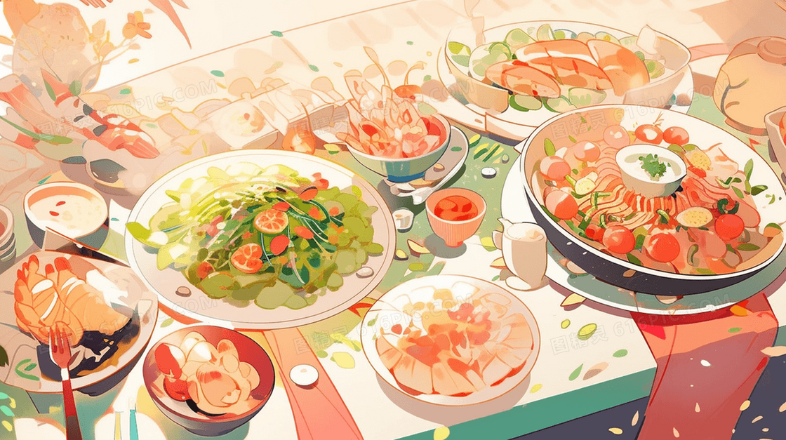 丰盛的除夕年夜饭插画