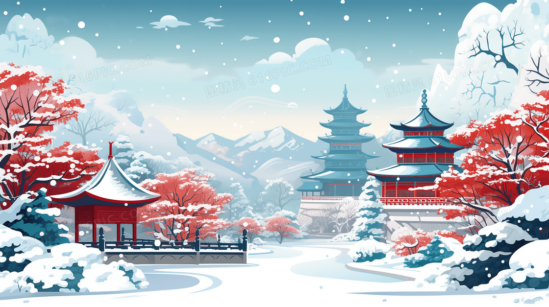 冬季中国风雪景插画