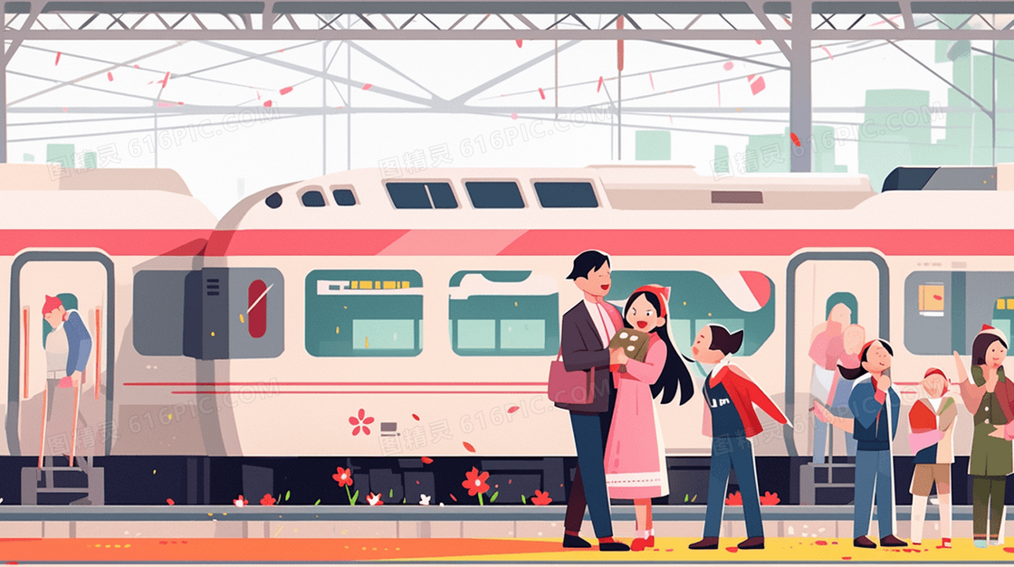 春运乘坐高铁回家的旅客们插画