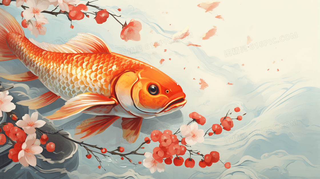 水中的鲜花和锦鲤国画插画