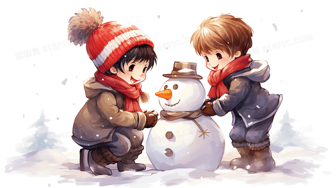 冬季堆雪人的孩子插画