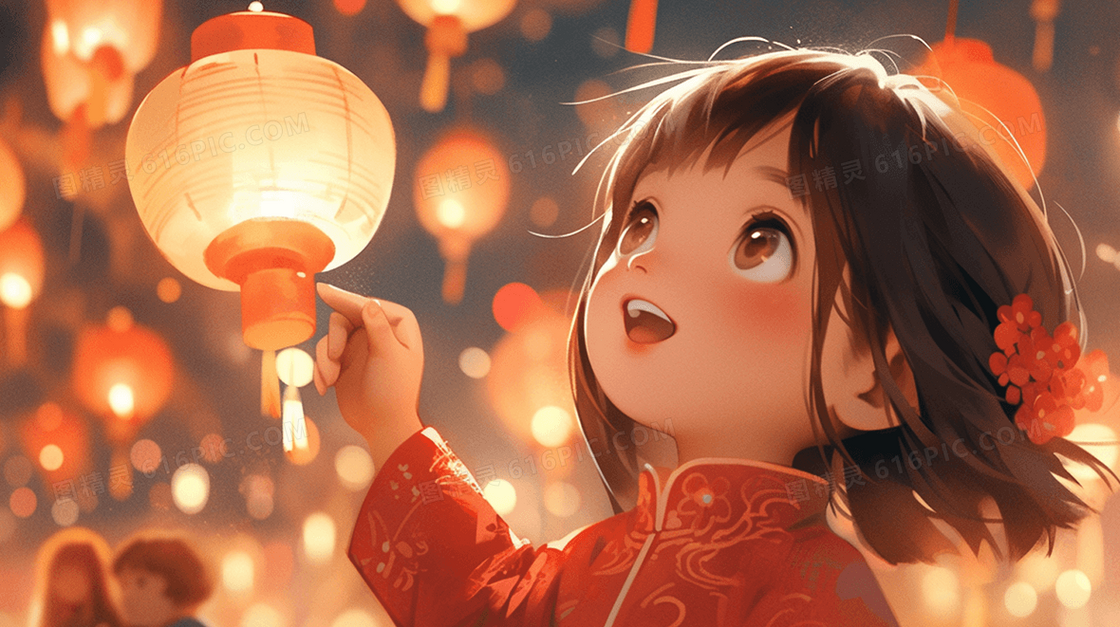 元宵节庆典被灯笼包围的小女孩插画