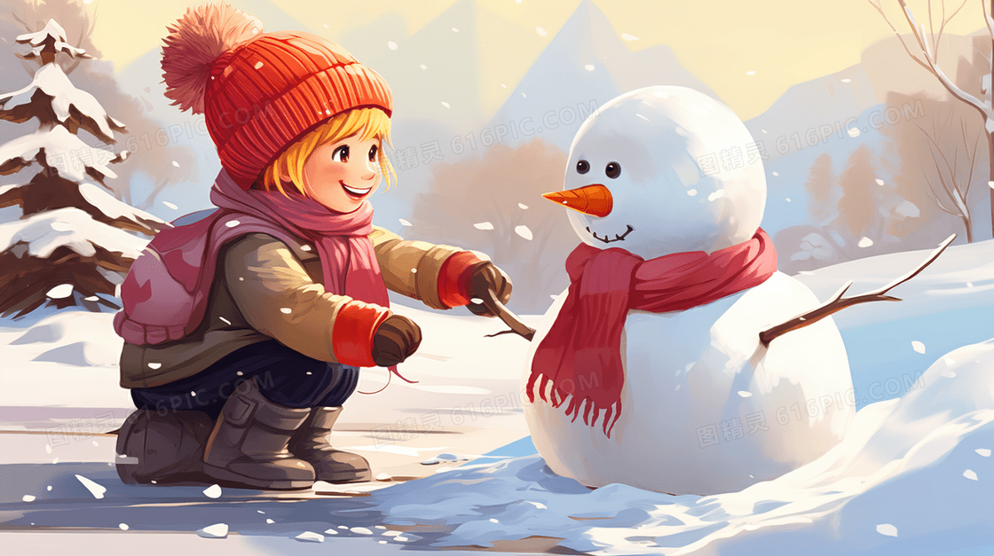 冬季堆雪人的孩子插画