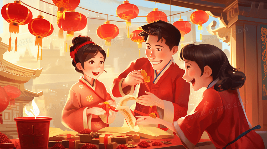 春节庆典里温馨的一家三口插画