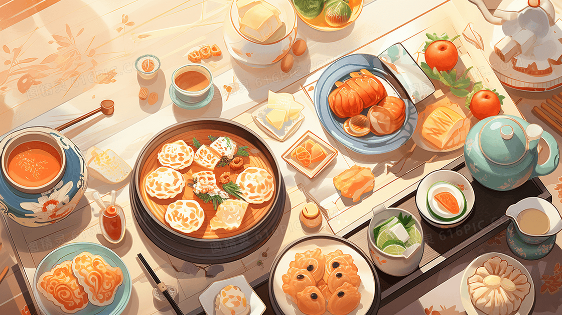 一桌丰盛的中式早餐插画