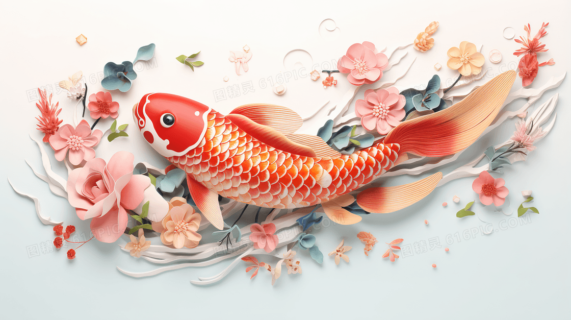水中的鲜花和锦鲤立体浮雕插画