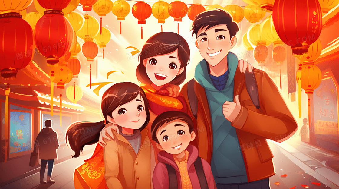 春节庆典里温馨的一家四口插画