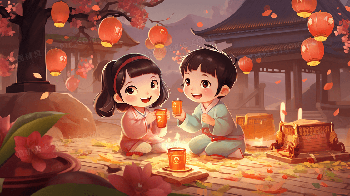 春节庆典里点蜡烛的小女孩插画