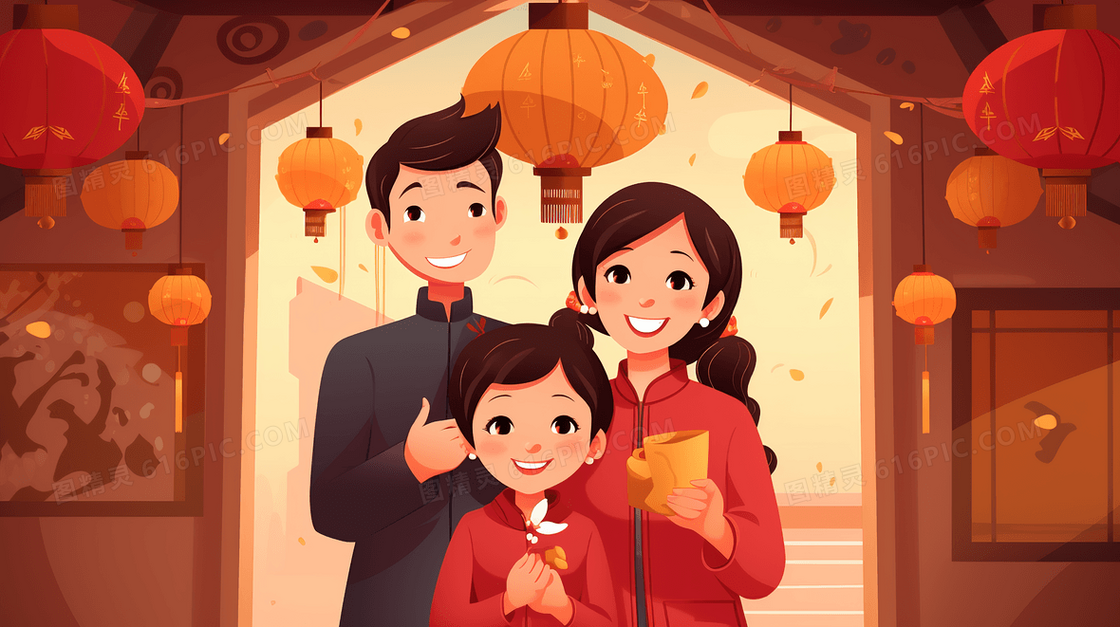 新年里温馨的一家三口插画