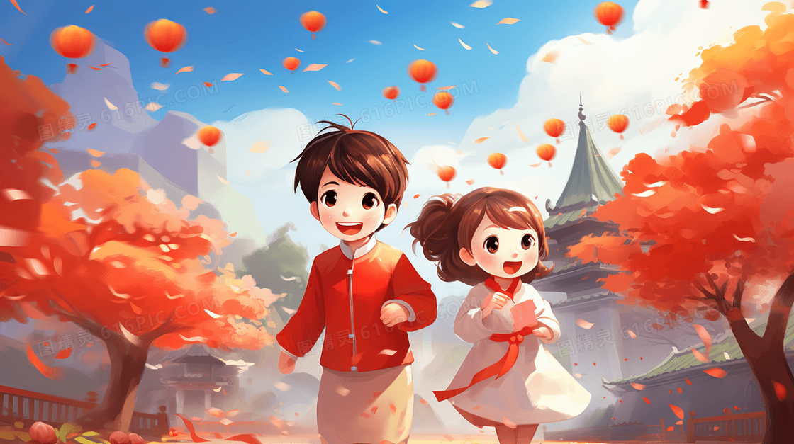 春节外出游玩的少男少女插画