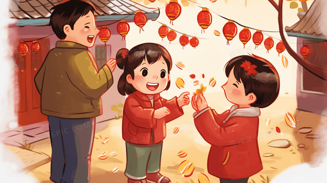 中国乡村小孩春节玩耍插画