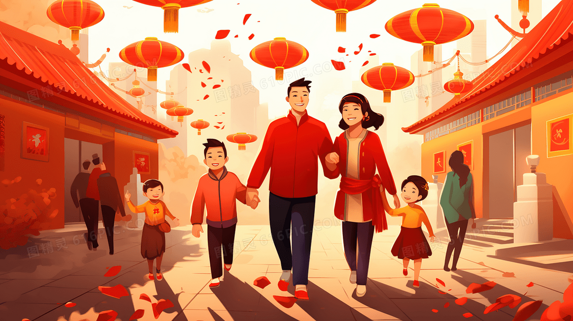 春节外出拜年的一家四口插画