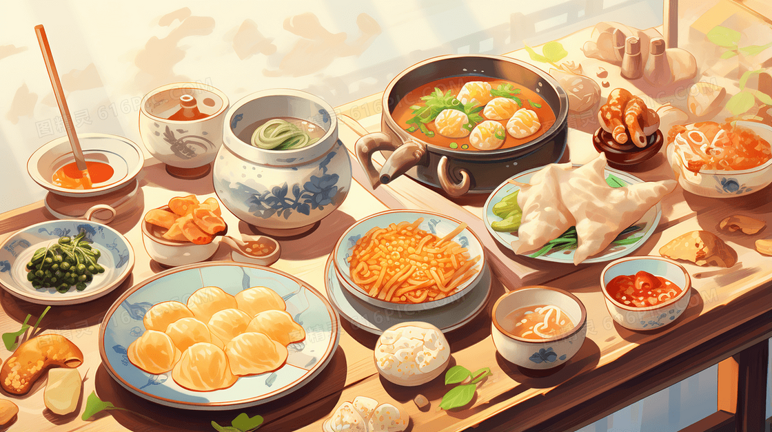 一桌传统的中式早餐插画