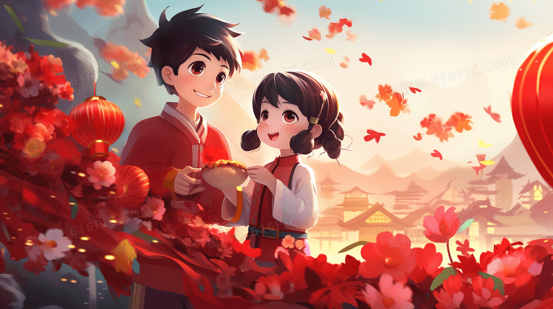 春节外出游玩的少男少女插画