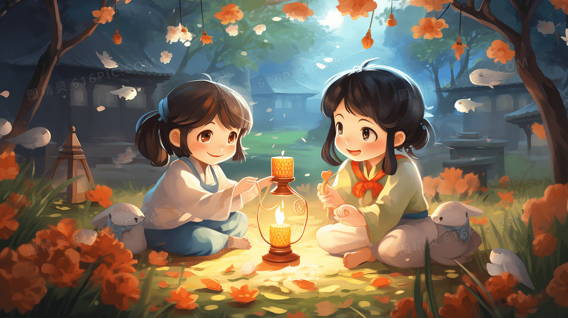 春节庆典里点蜡烛的小女孩插画