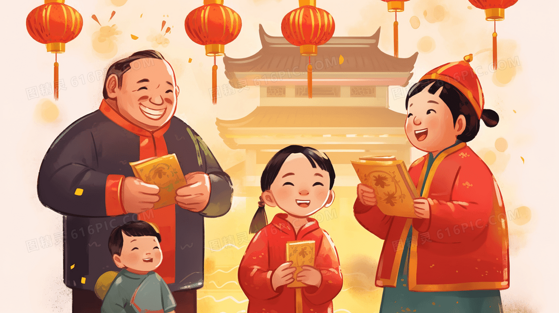 中国新年探访亲朋小孩收红包插画