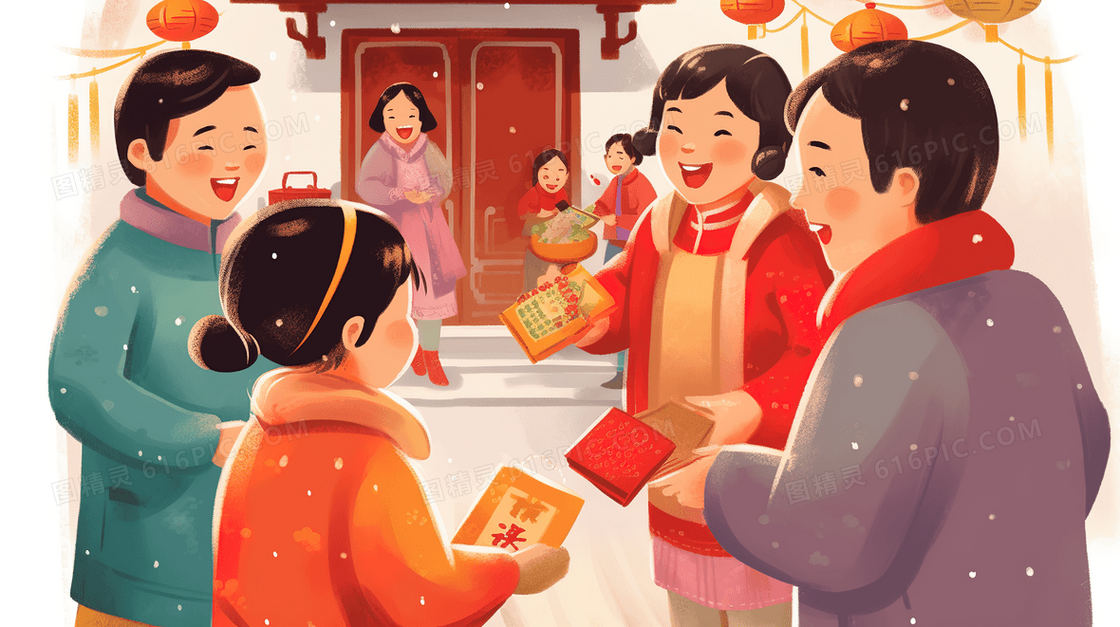 中国新年探访亲朋小孩收红包插画