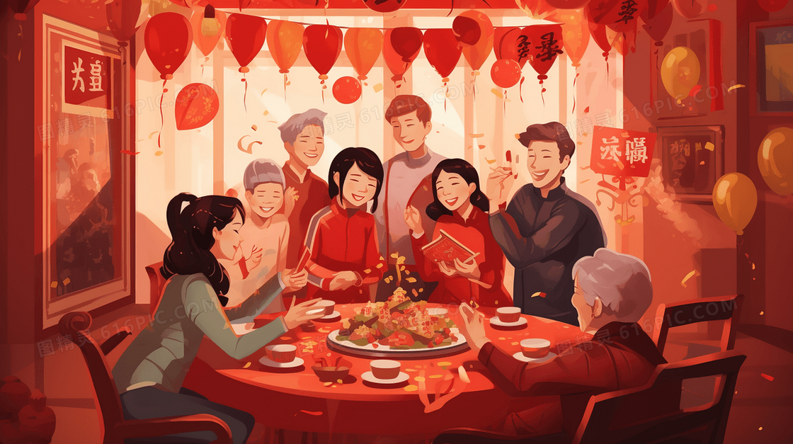 家庭聚会的春节年夜饭插画