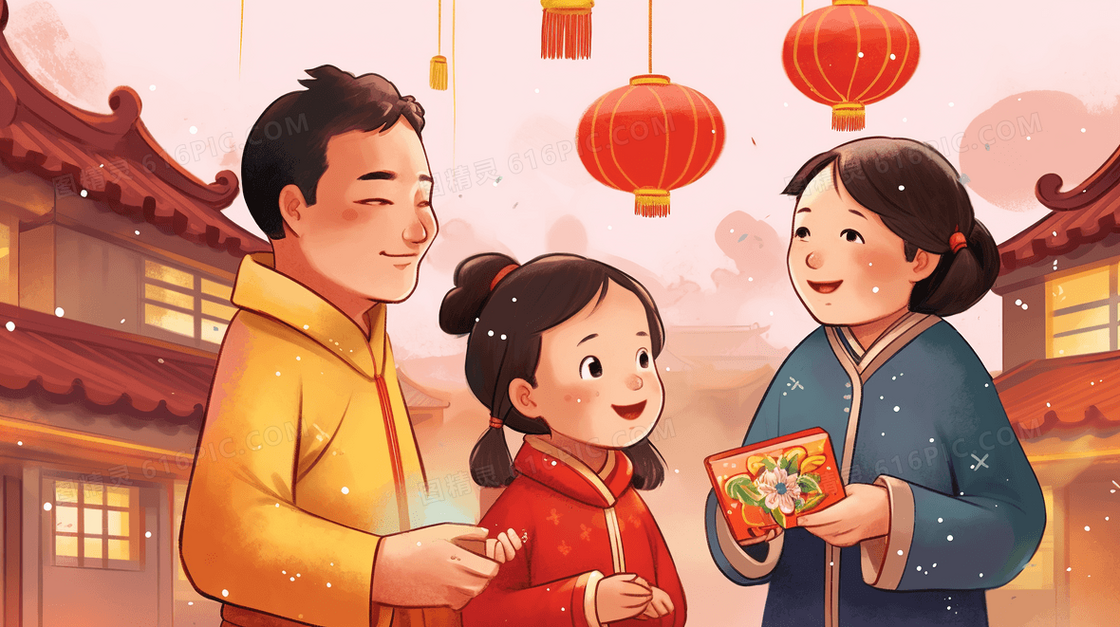 小孩在春节里收到长辈的红包插画