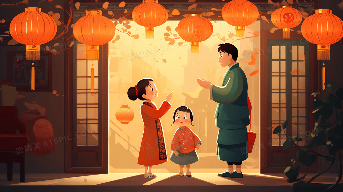 小孩子与父亲一起庆祝春节插画