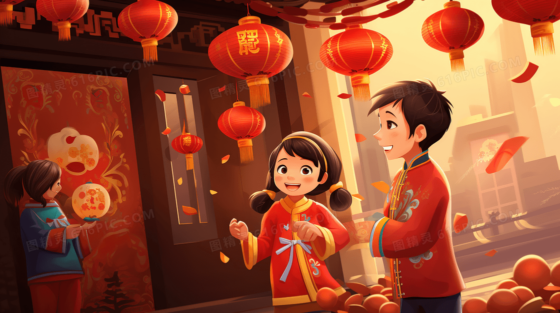 参加春节庆典的人们插画