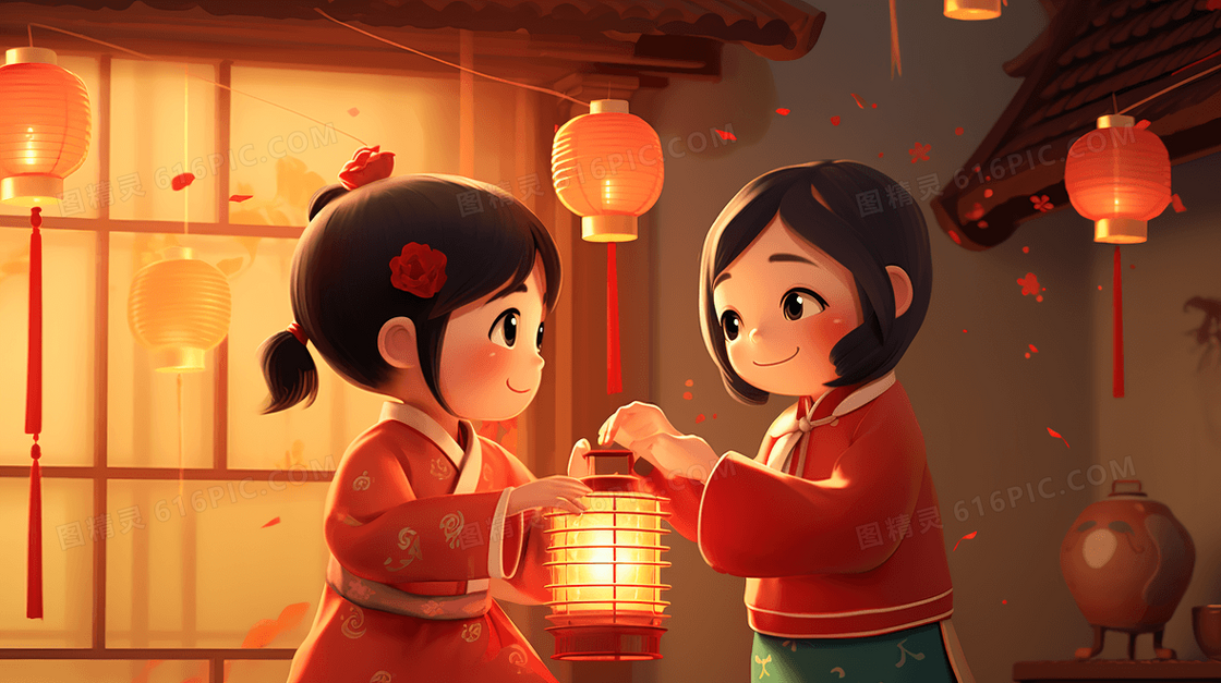 参加春节传统活动的小孩插画